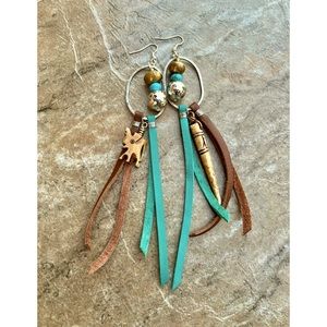 SOLD Large Tribal Boho Earrings Leather, African Trade Bone, Turquoise Gemstone